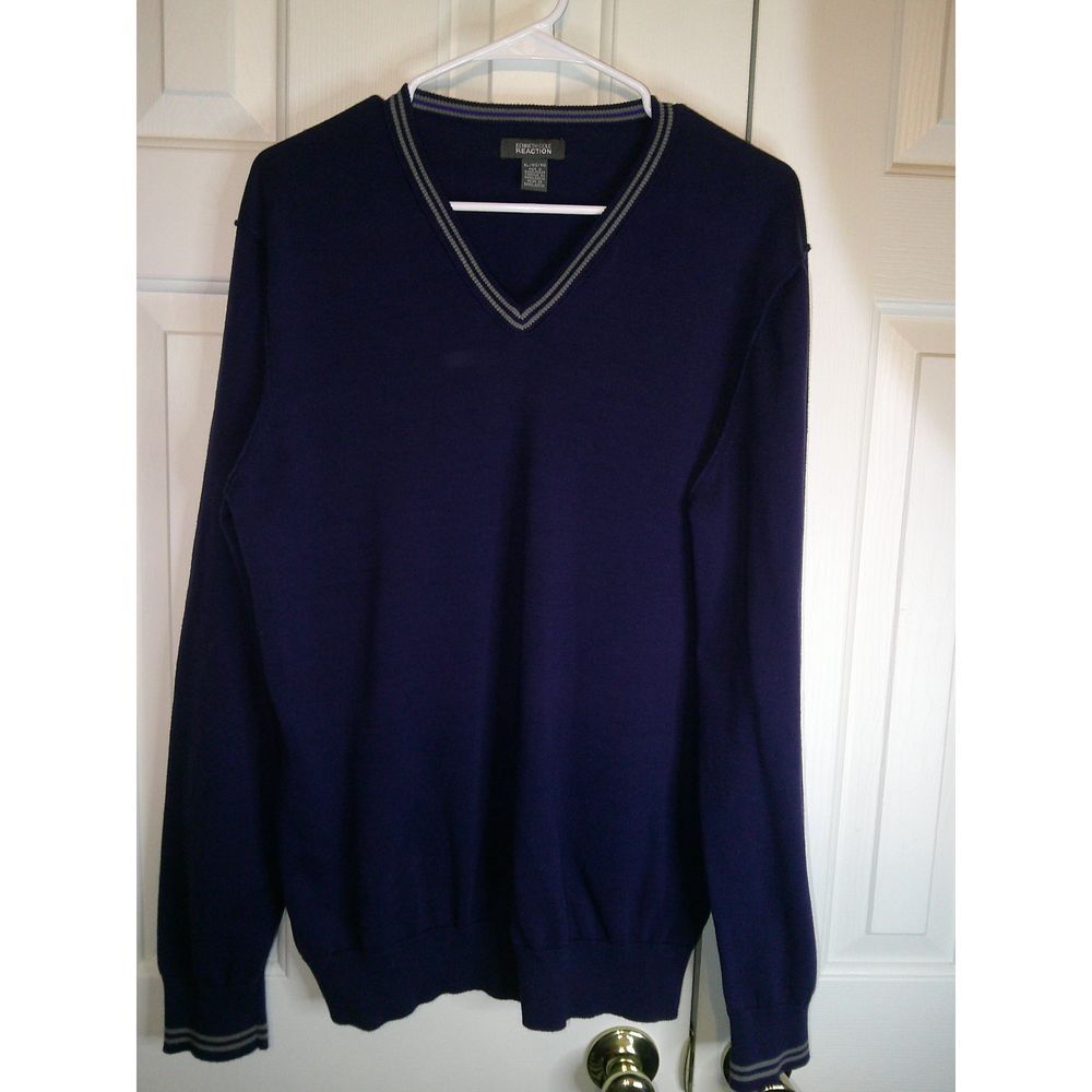 Kenneth Cole Reaction Navy Blue V-Neck‎ Sweater with Striped Trim Men's XL